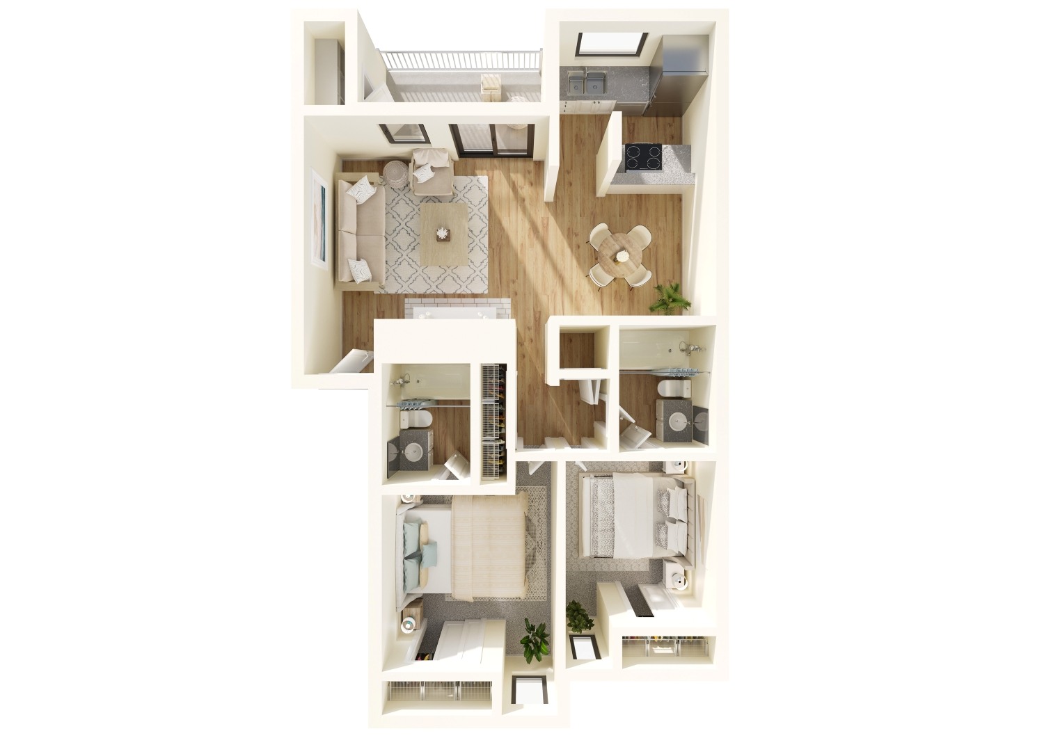Floor plan for 2 beds, 2 baths, 975 sqft